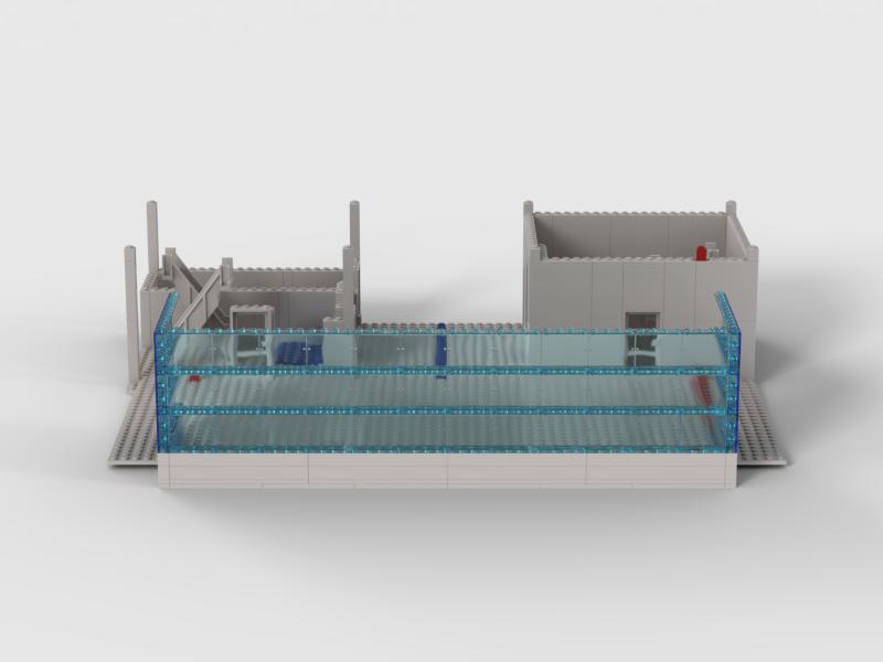 Stud.io render of the IMS Pagoda elevator tower and bleacher section showing vertical structure, staircase elements, and seating detail