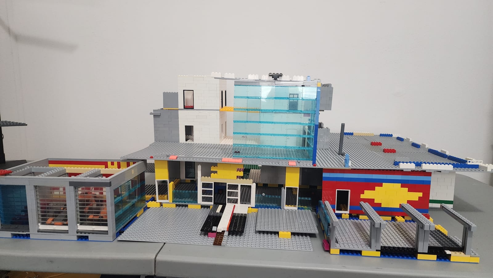 Front facade of the IMS Pagoda LEGO build showing the complete ground floor with pace car garage, central section, and full width