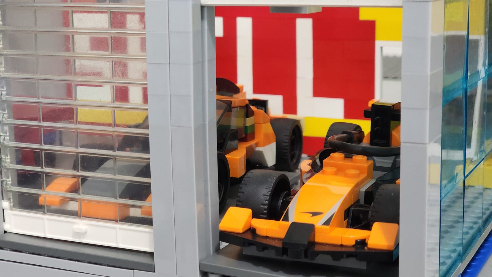 Close-up of the Chevrolet wall behind the McLaren F1 pace car in the IMS Pagoda LEGO garage