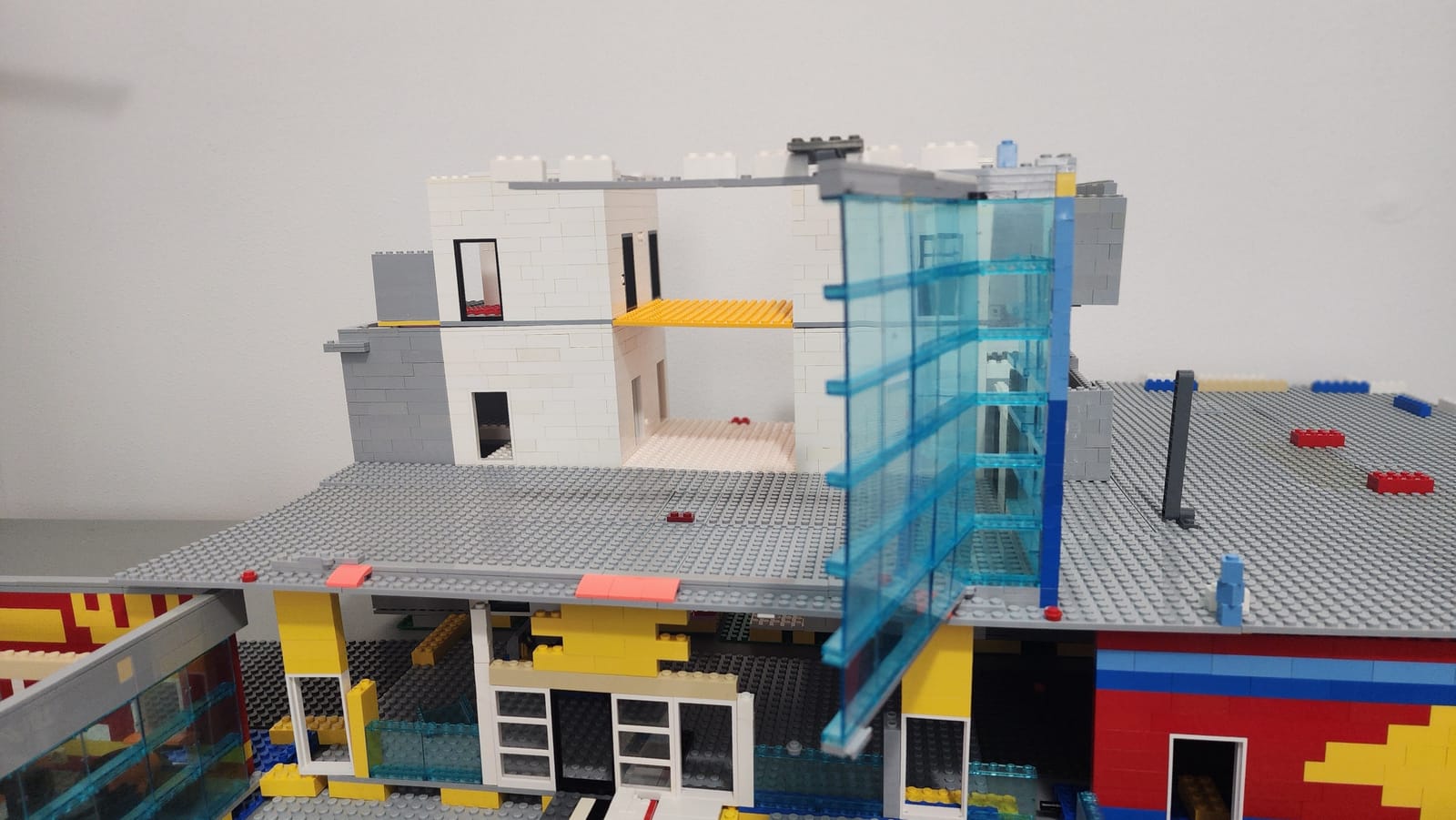 The IMS Pagoda LEGO core tower showing three stories of elevator and stair construction with the reveal feature open