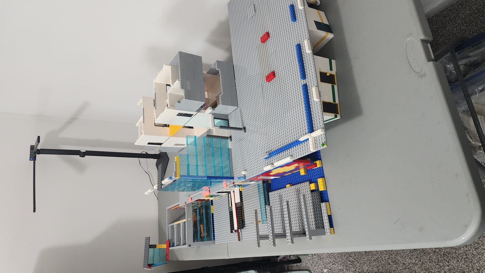Top-down angle of the IMS Pagoda LEGO build showing structural beam locations and the full building layout from above