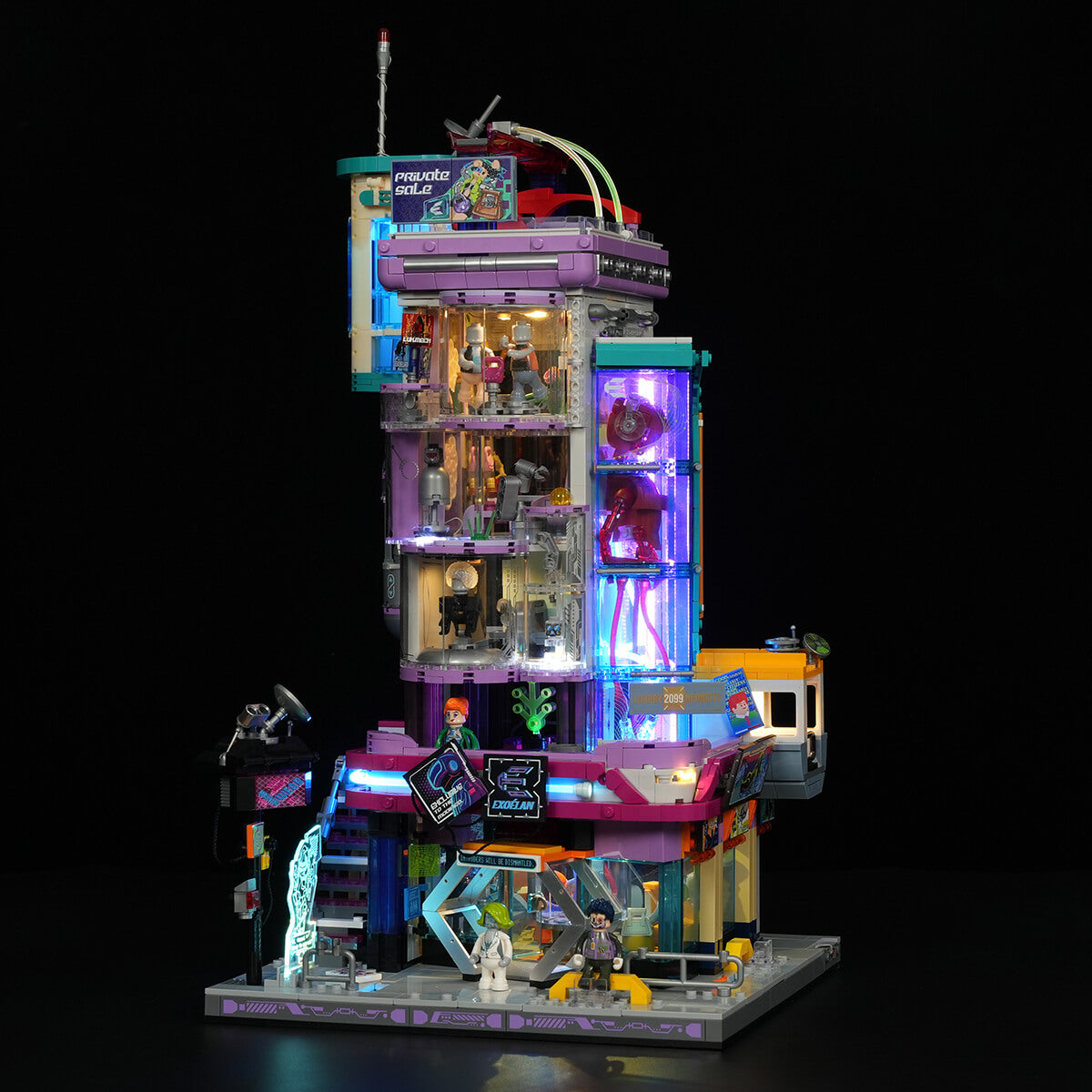 Close-up of the LED neon signage and facade details